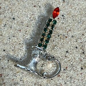 Vintage Dodds Christmas Candle Brooch Green Orange Rhinestones Silver Tone